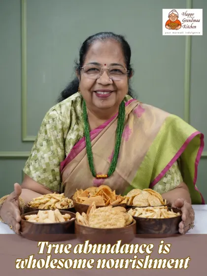 This is our Dadisaa, Usha, with the snacks she loves to make. For us, true abundance isn't just about having a lot, it's about having food that is wholesome, nourishing, and made with love. This is the goodness we pack in every order.