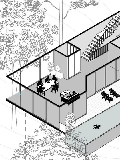 This axonometric drawing details a specific section of a cantilevered home in Goa. It allows us to analyze and communicate the spatial arrangement of the living area, pool deck, and the seamless flow between them.