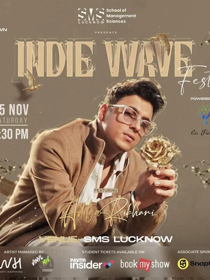 This poster for Aditya Rikhari's performance at SMS Lucknow highlights my work with college fests. I connect popular indie artists with student bodies to create memorable campus events.