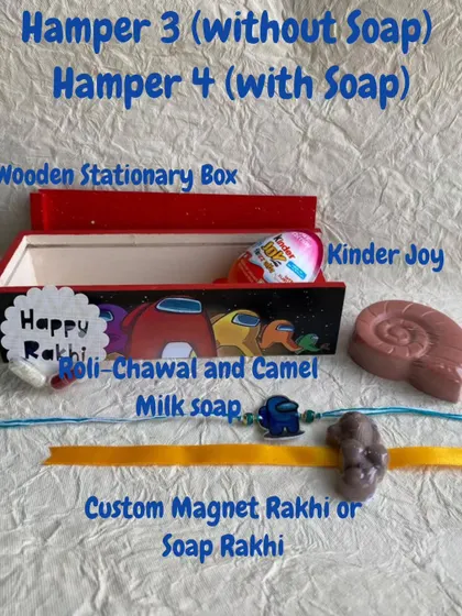 An example of my Rakhi gift hampers for kids, which can include a custom stationary box, a choice of Rakhi, and other treats.