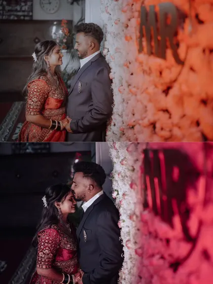 A collage of romantic moments of the couple against a flower wall at their reception.