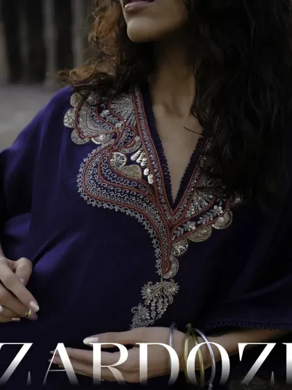 Old-world technique in modern form. This image highlights the beauty of Zardozi embroidery, a craft that we celebrate in many of our curated collections.