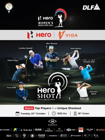 An event poster for the Hero Shot 2024, a unique shootout featuring top players at the Hero Women's Indian Open. We encourage everyone to witness this exciting event.