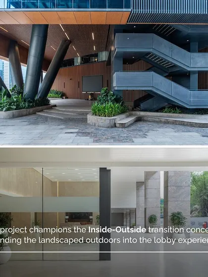 The design of V Park champions the inside-outside transition, with landscaped areas extending into the lobby. The dramatic angled columns and integrated planters at the entrance create a powerful first impression.
