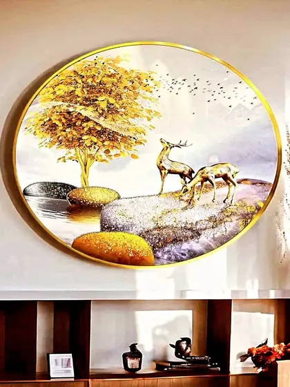 This circular crystal painting captures a serene natural scene with two deer by a golden tree. The 32-inch diameter and rich, vibrant colors make it a beautiful and harmonious centerpiece for a dining room or living area.