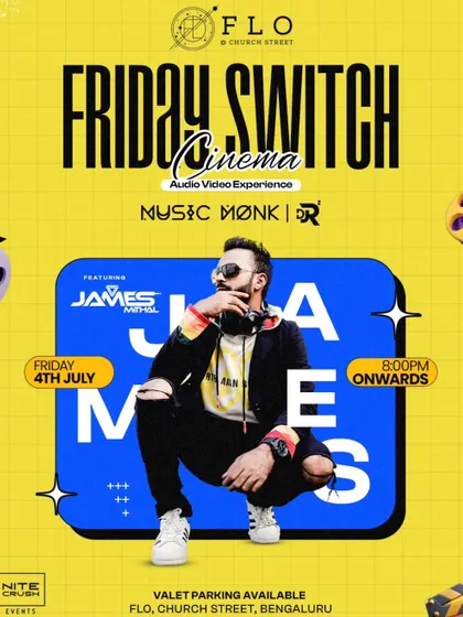 A poster for 'Friday Switch Cinema', an audio-video experience at FLO, Church Street. This highlights my ability to perform immersive AV sets that engage more than just your ears.