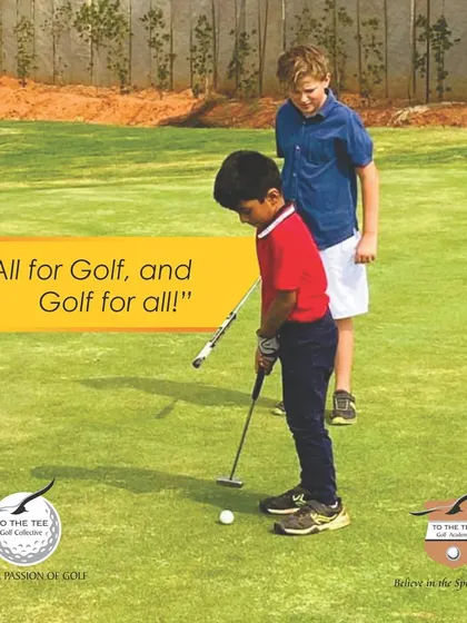 Two young students practice their putting side by side. We foster a spirit of camaraderie and mutual encouragement, making learning golf a shared and enjoyable experience.