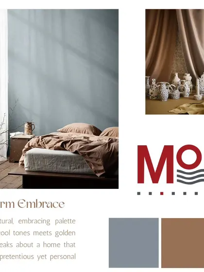 This moodboard, titled "Warm Embrace," shows how we blend cool tones with golden hues to create a home that feels unpretentious yet personal. It's the starting point for a cohesive and beautifully designed space.