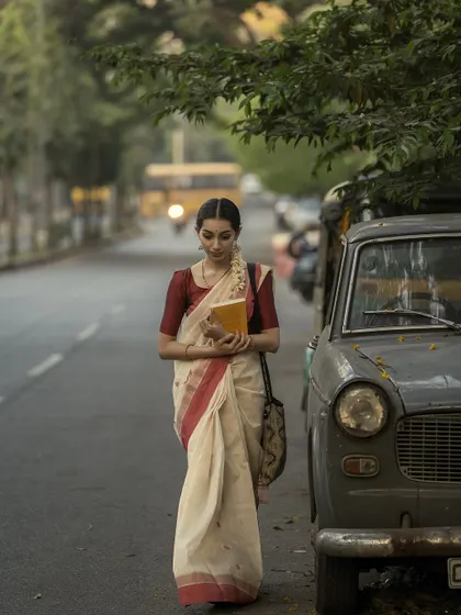 A full-length shot showing the entire look, with the classic car and the quiet street.