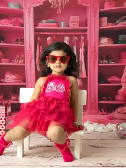 It's a Barbie world, and this little one owns it. My Barbie-themed shoots are all about capturing that fun, confident personality with a vibrant pink set and stylish props like these heart-shaped sunglasses.