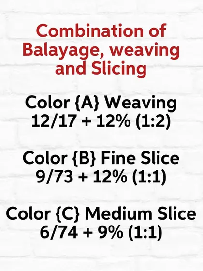 The complete formula for the no-bleach balayage. I used a combination of Koleston Perfect shades with different techniques like weaving and slicing to create this dimensional look.