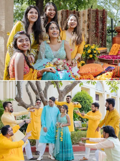 A collage showing the bride's squad and the groom's crew posing for fun, candid group photos.