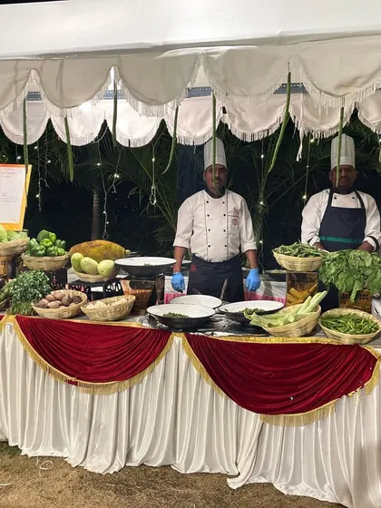 Our team at an outdoor event in Nanded, showcasing our fresh vegetable counter. This demonstrates our capability to travel and deliver world-class catering across different cities.