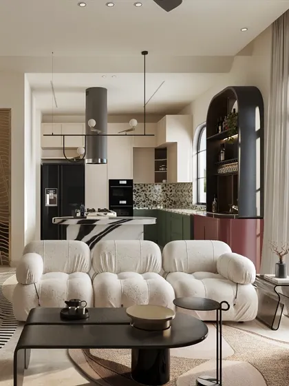 I believe a home should be full of personality. This open-concept space is a celebration of layered expression, blending diverse materials, bold patterns, and striking silhouettes. From the cloud-like sofa to the sculptural bar and dramatic kitchen island, each element tells its own story while contributing to a harmonious, curated, and lively whole.