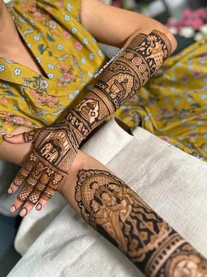 A design that combines a family portrait on one arm with traditional elephant motifs on the other.