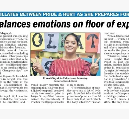 A newspaper clipping about gymnast Pranati Nayak visiting The Little Gym of Kolkata, showcasing our connection to the wider gymnastics community.