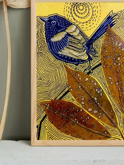 From the "VIBING with NATURE" exhibition, this series by Puja Kumari uses preserved dried leaves as a central element. Her unique style combines delicate ink drawings of birds with the natural texture of the leaves, creating beautiful, eco-friendly art.