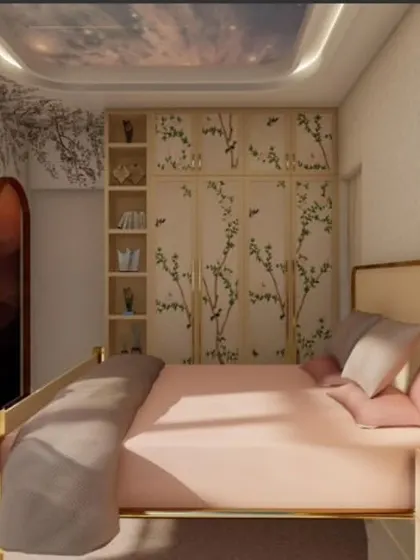 This is the original 3D render for the child's bedroom. It demonstrates my process of visualizing the final design, ensuring the hand-painted murals, furniture, and lighting all work together before execution begins.