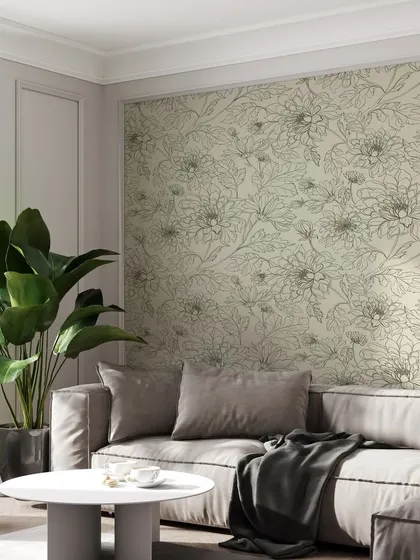 This living room is a picture of calm and sophistication with our Chrysanthemums Floral Pattern wallpaper. The design adds a layer of texture and artistry to the space.
