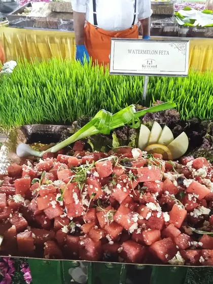 A close-up of my popular Watermelon Feta salad, showcasing the fresh ingredients and beautiful presentation I bring to my vegetarian catering menus.