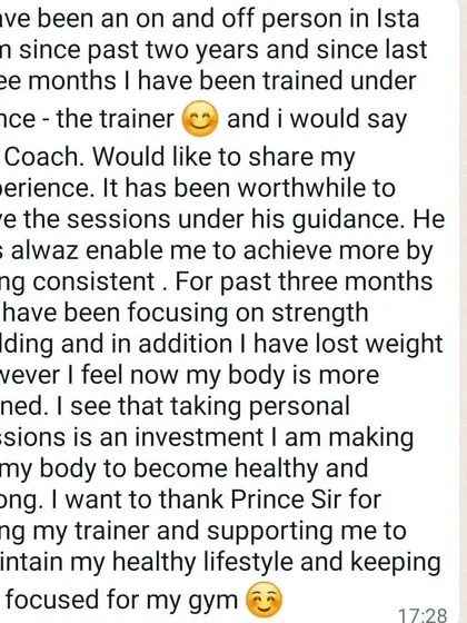 A screenshot of a client's feedback, highlighting how personal training sessions are an investment in becoming healthy and strong.