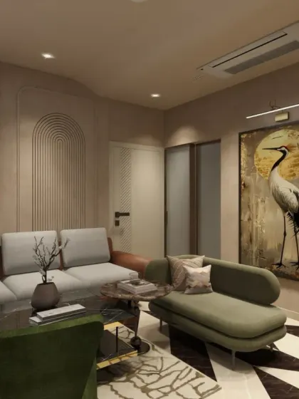 This living space is designed to spark a vibe with its custom chevron vinyl floors, bold texture paints, and a unique mix of modern furniture.