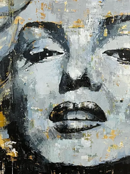 A close-up on the face of my monochromatic Marilyn. You can see the specks of gold leaf that catch the light and add a touch of glamour.