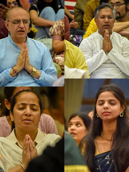 A collage of participants in prayerful moods during the Guru Purnima celebration. The event is a beautiful expression of the bond between the student and the spiritual guide.