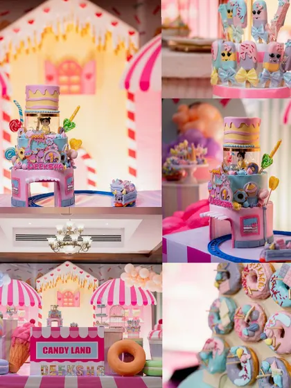 A collage showcasing the incredible dessert spread at the Candyland party, including a multi-tiered cake, custom donuts, and colorful cakesicles.