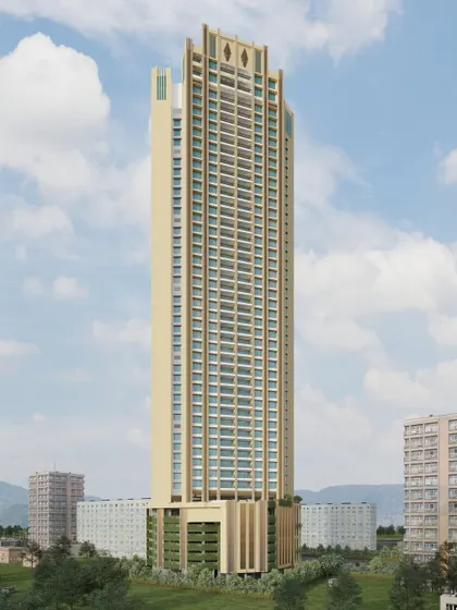 A full view of the Mulund residential tower, showcasing its slender profile and articulated crown. The design aims to create a new architectural masterpiece on the city's skyline through visionary collaboration.