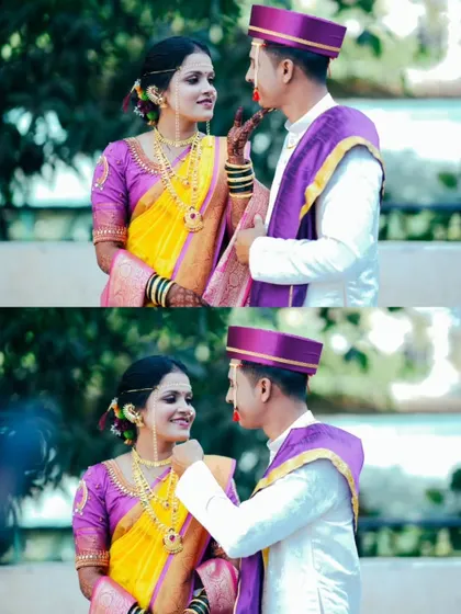 A pair of interactive portraits showing the bride playfully touching the groom's face. These candid shots capture their fun and loving relationship.