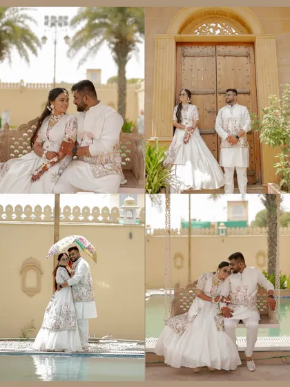 A collage of royal portraits from Umang and Muskaan's Haldi at Roop Laxmi Castle in Jaipur. It showcases the grandeur of the venue and the couple's elegant, coordinated white outfits.