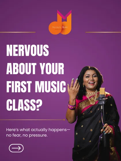 Feeling nervous about your first music class is normal. This graphic explains that there's no fear or pressure. We create a safe space for beginners to explore their voice and learn the basics.