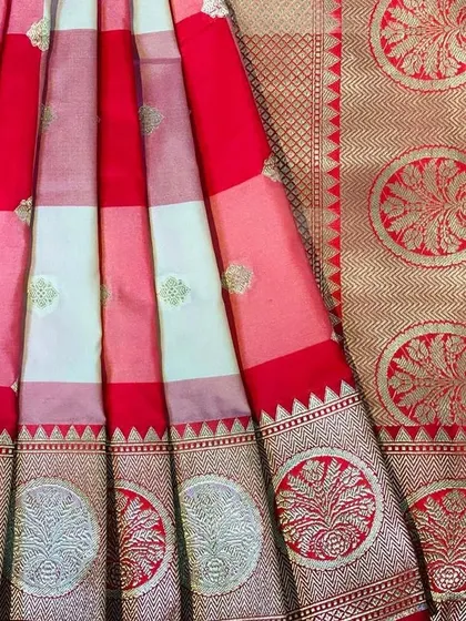 A close-up of a stunning red and white checkered Banarasi silk saree. The intricate gold butti and the grand circular motifs on the pallu make it a showstopper.