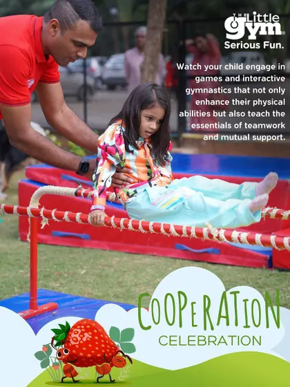From our "Cooperation Celebration" theme, these images show preschoolers working together on equipment. They learn the joy of teamwork while navigating bars and obstacle courses.