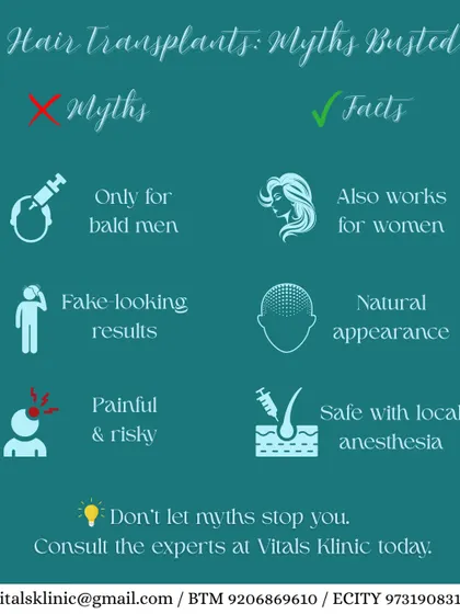 This graphic busts common myths about hair transplants. Contrary to popular belief, the procedure is not just for bald men, it produces natural-looking results, and it is a safe procedure performed with local anesthesia. We encourage you to consult with experts to get the facts.