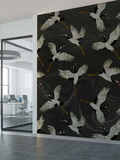 An office accent wall featuring our Japanese Flying Cranes wallpaper brings a unique and artistic touch to the workspace. It’s a design that inspires creativity and sophistication.