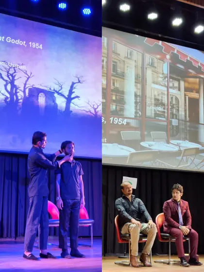 A split image from a theatre performance on Bastille Day. On the left, actors perform a scene, and on the right, they engage in a seated dialogue, showcasing the dynamic nature of our stage productions.