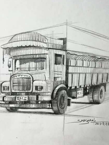 A detailed sketch of a truck, demonstrating how to apply perspective rules to a large vehicle.