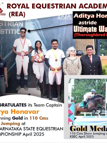 The result of dedication. Our Team Captain, Aditya Honavar, securing the Gold Medal in 110 cm Show Jumping at the Karnataka State Equestrian Championship. We train competitors to reach the top of the podium.