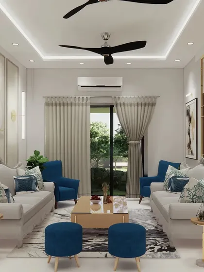 Another view of the visualized Gurugram project, showing the elegant curtain design and the placement of furniture to maximize space and light.