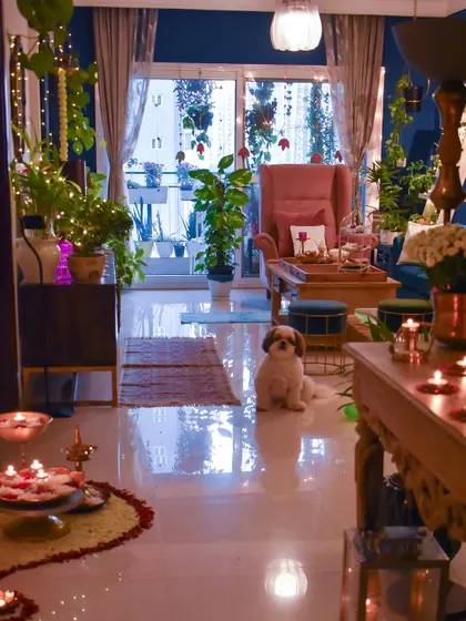A view from the entrance into the living room, showing the full extent of the Diwali decorations.