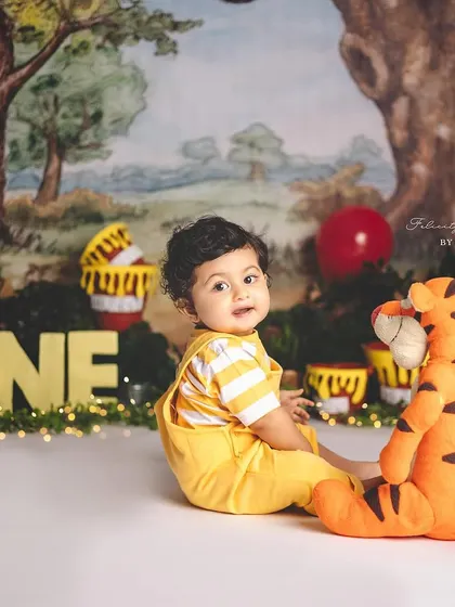 A quiet moment with Tigger during a Winnie the Pooh first birthday shoot. These sessions are all about play and capturing natural interactions.