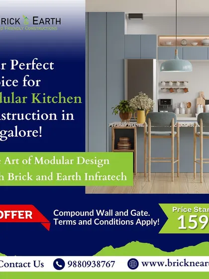 This is a concept for a modern modular kitchen with an island that doubles as a breakfast bar. The design uses a calm blue-grey color for the cabinets and open shelving for easy access, making it a social and practical space.