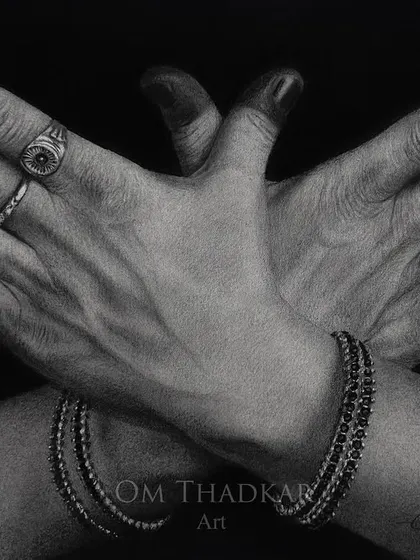 This 'Mudra' depicts the hands crossed in a symbolic gesture, with rings and bracelets rendered in fine detail to capture the essence of the performance.