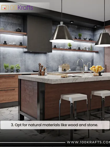 Mindful design is about choosing what matters. This kitchen uses natural materials like wood and stone, with open shelving and integrated lighting to create a space that feels peaceful and grounded.