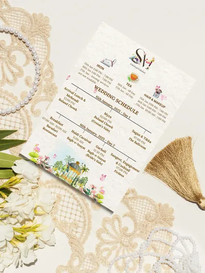 Help your guests keep track of all the fun with a custom-designed wedding schedule. This itinerary card lays out the plan for each day, with cute little icons for each event, all while matching the overall wedding stationery theme.