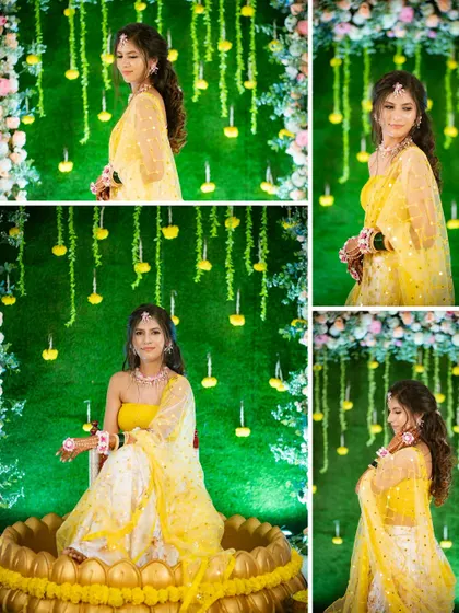 A series of portraits showing the bride in her element during the Haldi function. The setting, with a backdrop of hanging marigolds, adds to the festive and vibrant atmosphere.