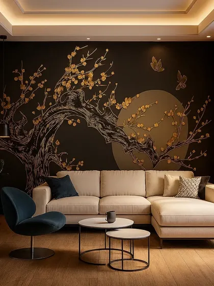 A beautiful wallpaper featuring a Japanese-inspired black and gold tree against a full moon, creating a serene and artistic ambiance.