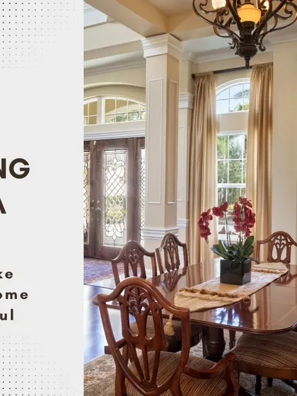 A classic and elegant dining area designed for a spacious home. The traditional carved wooden dining set is complemented by large windows with flowing curtains, creating a bright and formal space for family meals.
